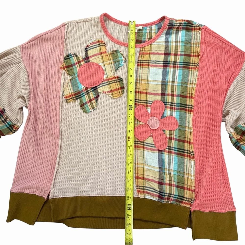 Easel Daisy Waffle Plaid Patchwork Oversized Sweatshirt L Hippie Boho Lagenlook - Picture 6 of 9